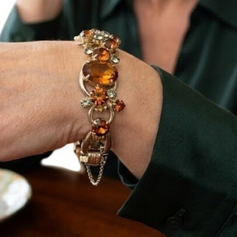 Juliana Vintage Amber Topaz Rhinestone Gold Tone Bracelet 1950s Art Deco Style